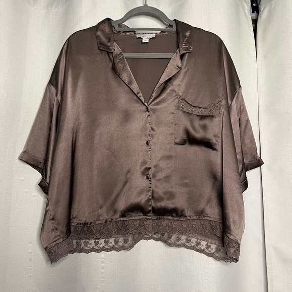 Topshop Purplish Grey Satin Lace Pajama Top Medium - Picture 2 of 8